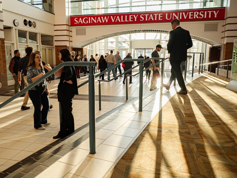 a group of people in a building