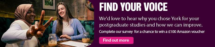 Purple graphic advertising an upcoming Postgraduate Online Open Day at the University of York. The event will take place on 10 February, and offers prospective students the chance to speak to current postgrads, departmental staff and have their questions answered. 