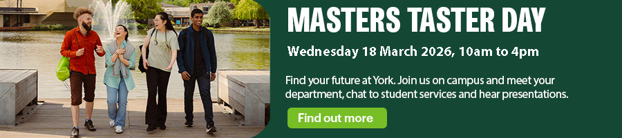 Purple graphic advertising an upcoming Postgraduate Online Open Day at the University of York. The event will take place on 10 February, and offers prospective students the chance to speak to current postgrads, departmental staff and have their questions answered. 