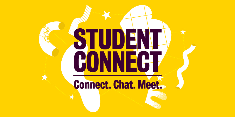 A promotional graphic for Student Connect. Purple text on a yellow background reads 'Connect. Chat. Meet.'