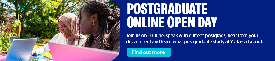 Promotional banner for an upcoming online open day. Two students are pictured sitting on laptops outdoors and smiling. Text reads: 