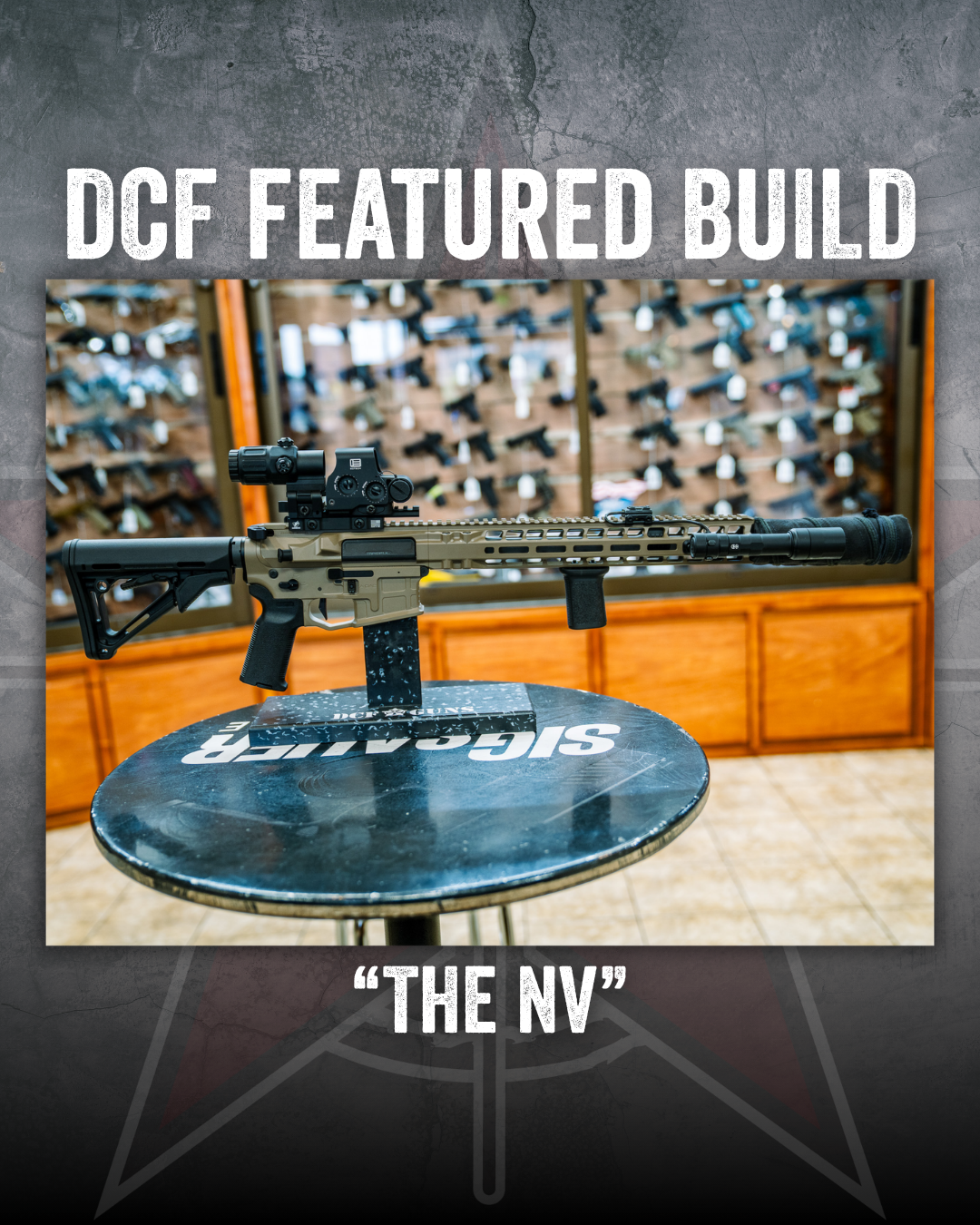 DCF Guns custom build – The NV, a black AR-15 rifle with red dot optic