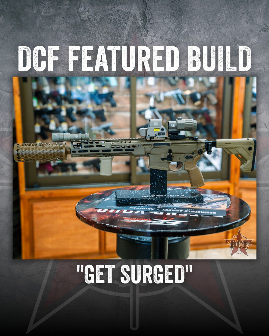 DCF Guns custom build – Get Surged, an FDE AR-15 rifle with red dot optic