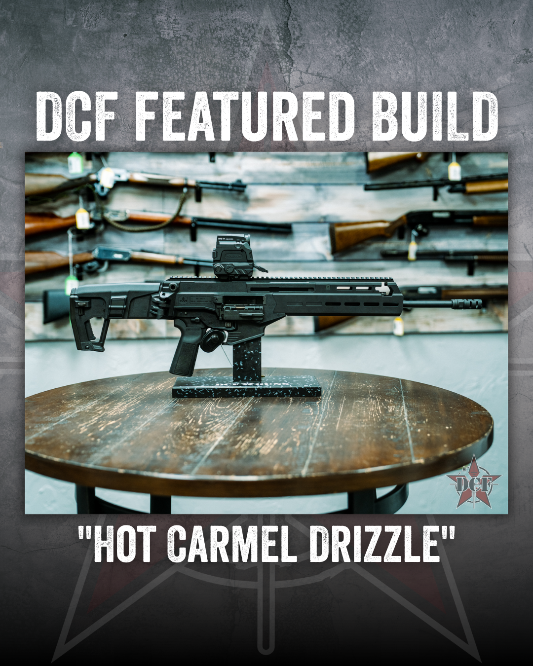 DCF Guns custom build – Hot Carmel Drizzle, a black bullpup rifle