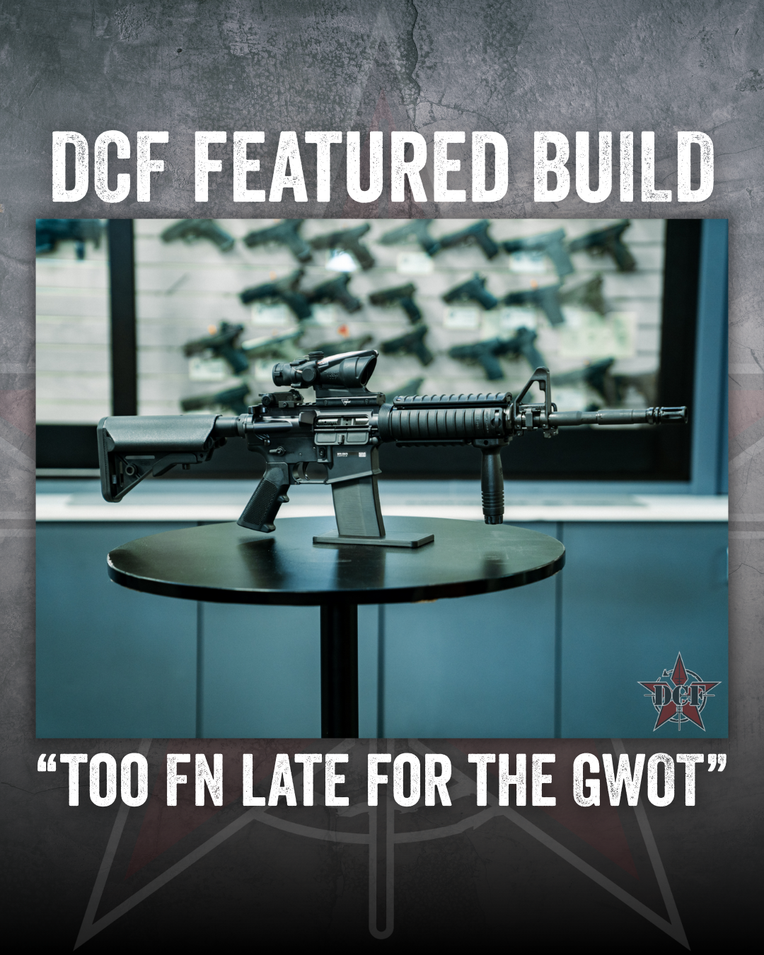DCF Guns custom build – Too FN Late for the GWOT, a black retro-style AR-15 rifle