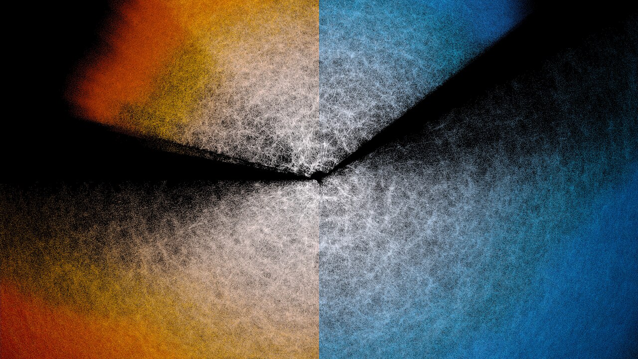 A split-screen style image comparing red and blue colorways of the Dark Energy Spectroscopic Instrument (DESI) year-3 data map.