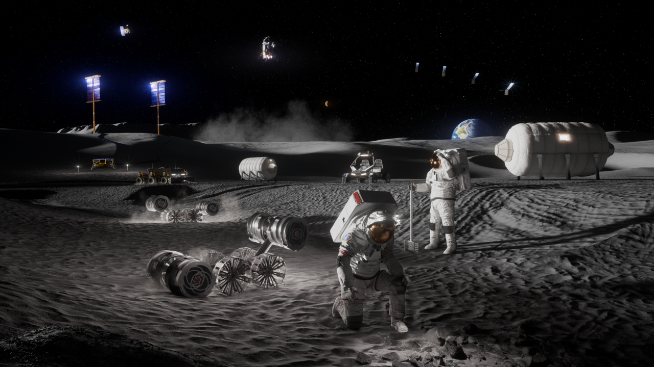 Artist’s rendering depicting astronauts, habitats, rovers, power systems, and cargo operations supporting sustained human activities at the Moon Base near the lunar South Pole.