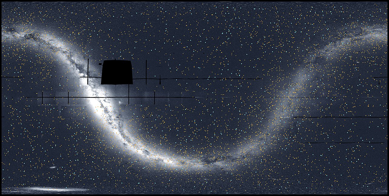 Rectangular projection of the TESS night sky with exoplanet markers