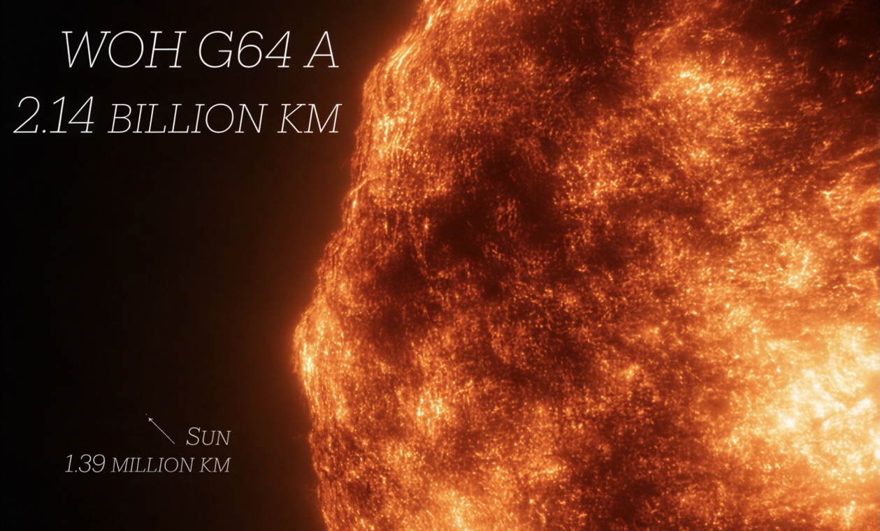 WOH G64 A as a red hypergiant, compared to the Sun.