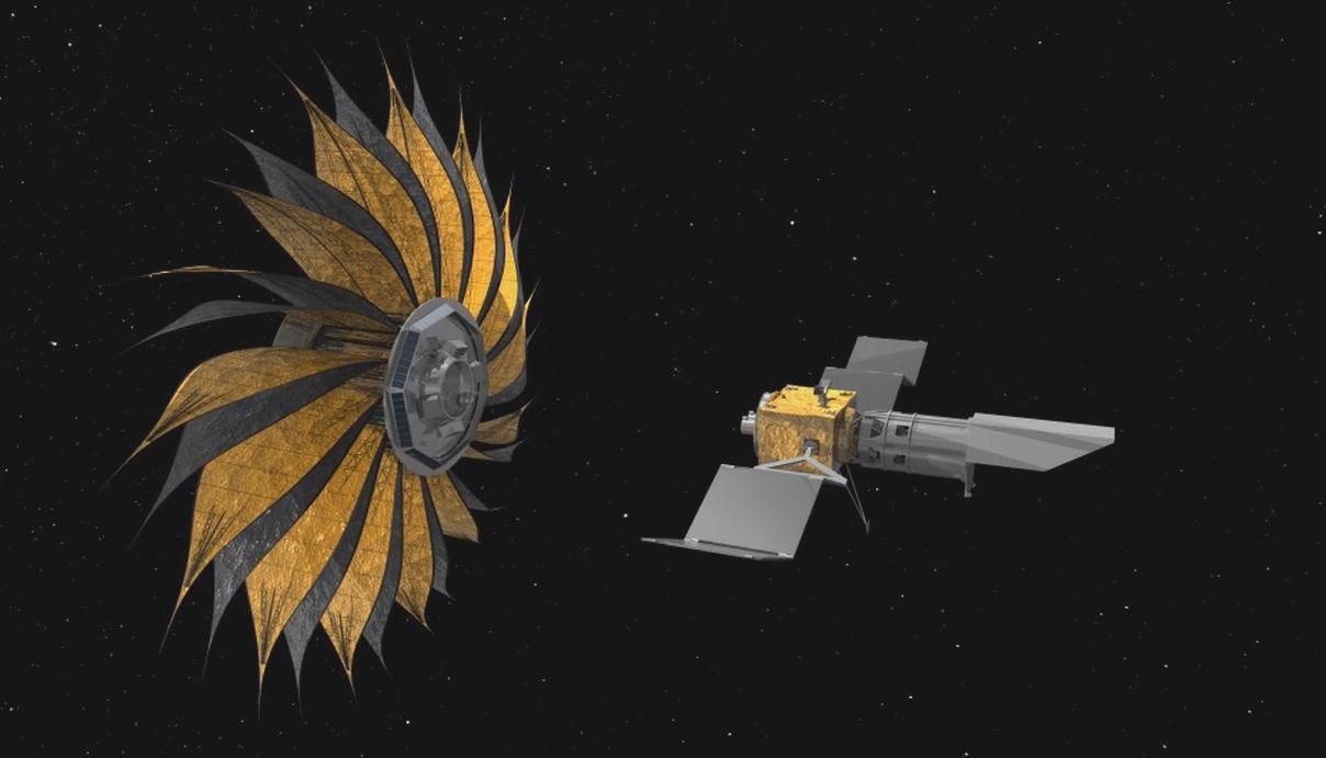 An artist's rendering of NASA's proposed giant sunflower-like structure called starshade flying in sync with a space telescope.