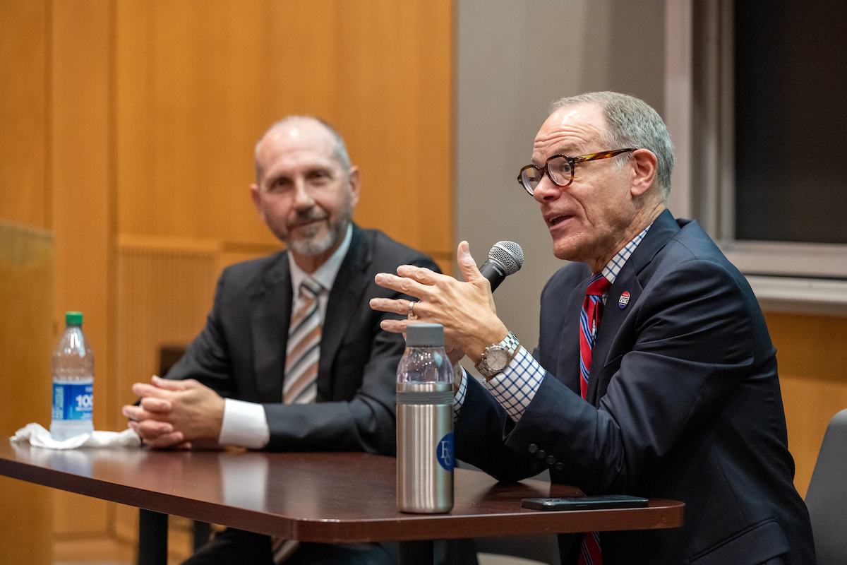 Berwood Yost, director of the F&M Center for Opinion Research, and Stephen Medvic, the Honorable and Mrs. John C. Kunkel Professor of Government