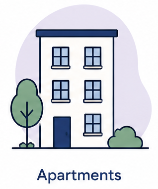 a white building with trees and blue trim a white building with trees and blue trim