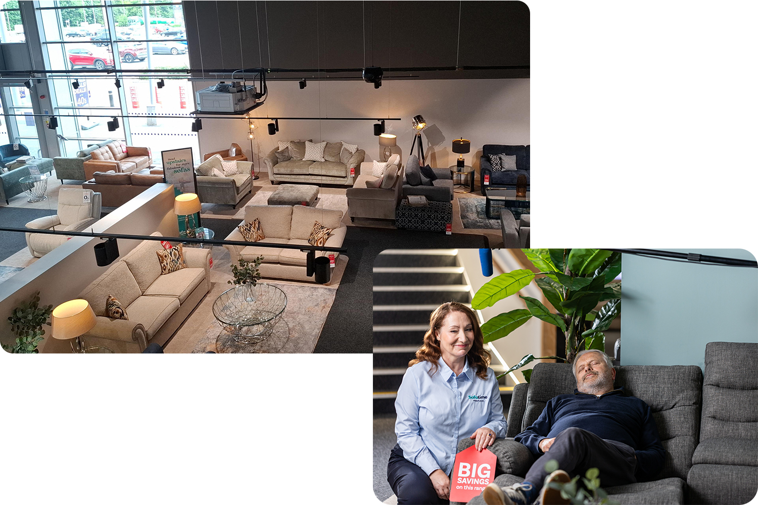 a collage of people in a furniture store