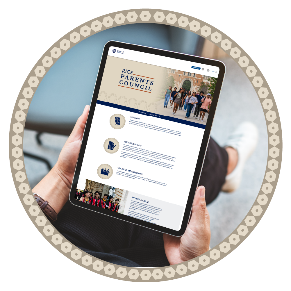 Image of a tablet displaying the Rice Parents Council website