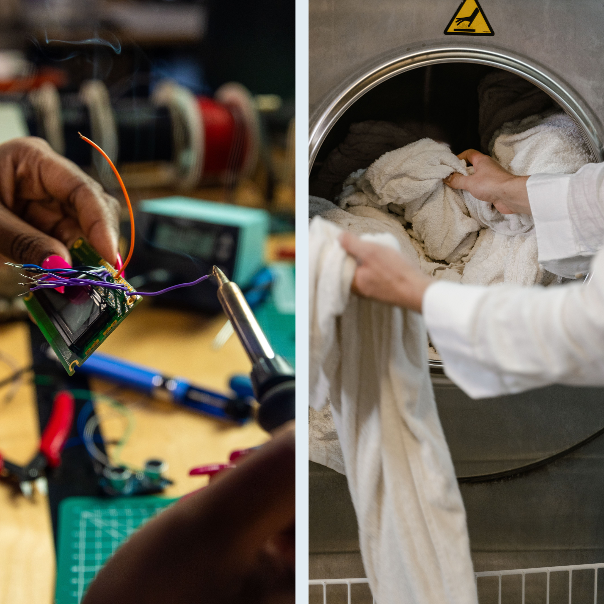 A split-frame collage of two photos: one shows a close up on the hands of a black woman holding wiring and a screwdriver; the other shows the forearms of a white worker loading towels and sheets into the mouth of an industrial washing machine
