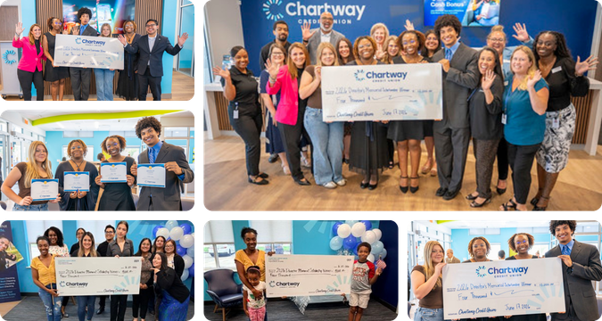 a collage of people holding a check