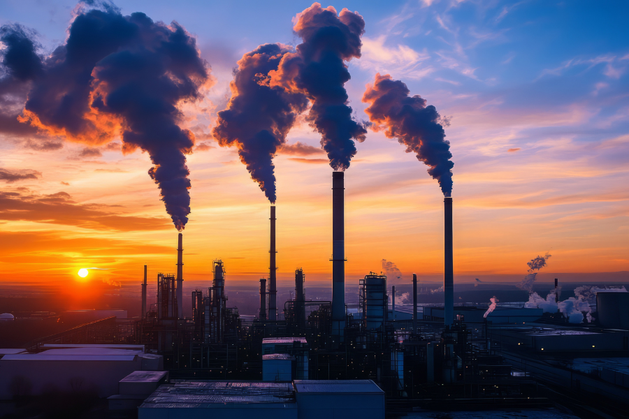 Industrial facility with smokestacks emitting emissions against a sunset sky