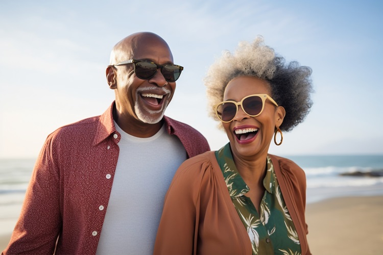 Older couple smiling and spending time together, representing planning for future care and financial wellbeing.