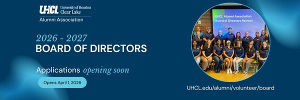 Flyer for UHCL Alumni Association Board of Directors nominations opening April 1 2026 for the 2026 to 2027 term.
