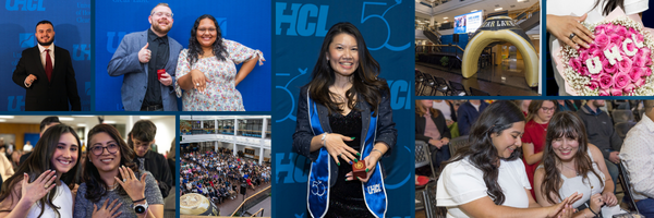Collage of photos from UHCL ring ceremonies showing students and graduates wearing and celebrating their UHCL class rings.