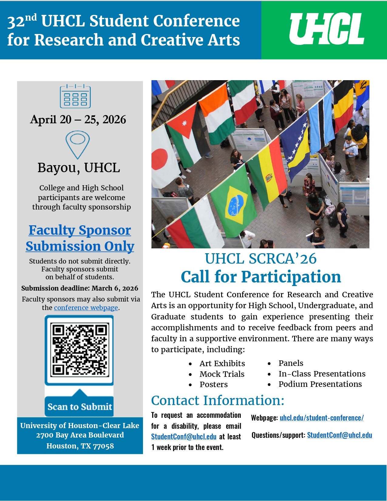 Flyer for 32nd UHCL Student Conference for Research and Creative Arts.