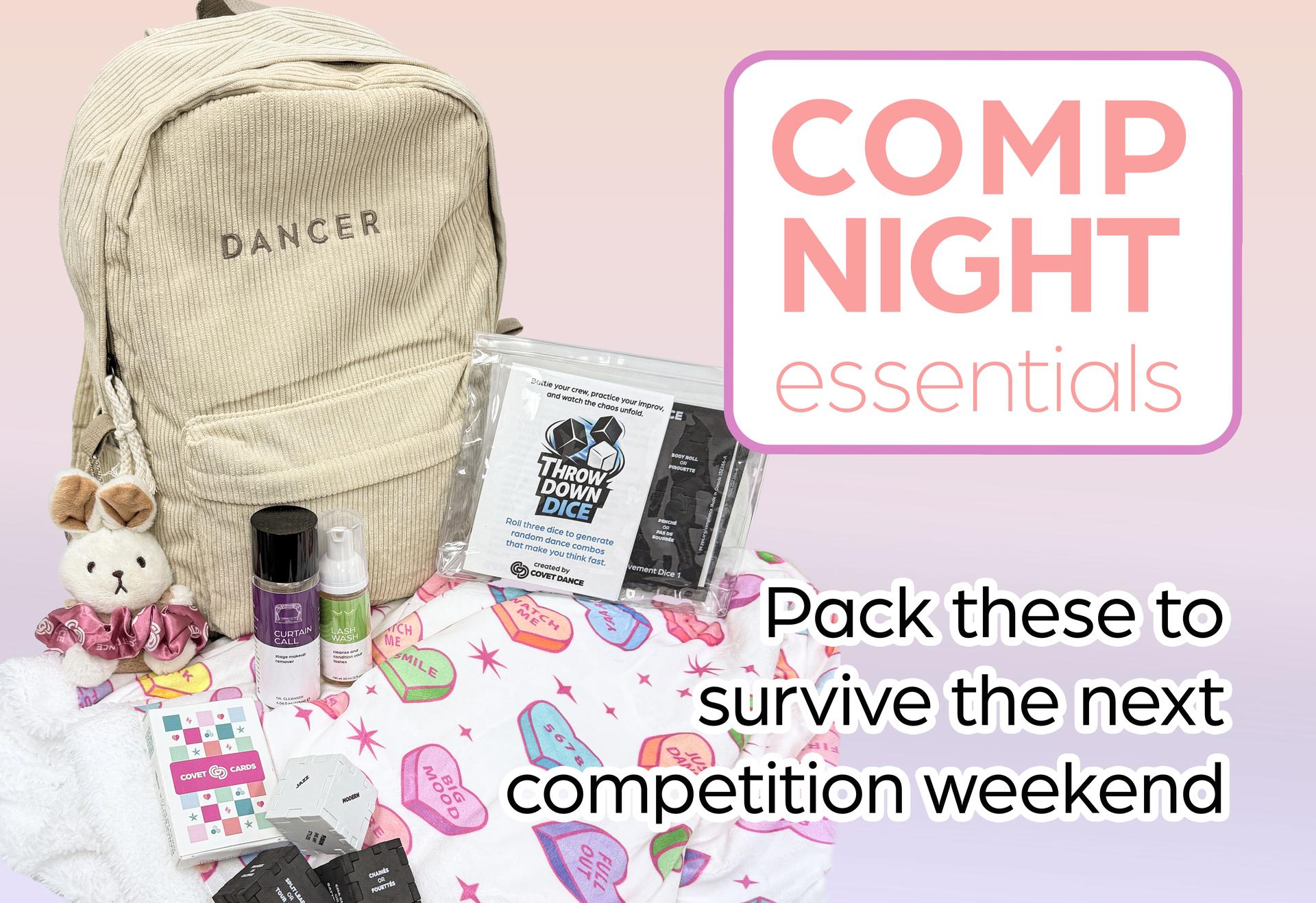 Corduroy Dancer Backpack with comp night recovery essentials from Covet Dance