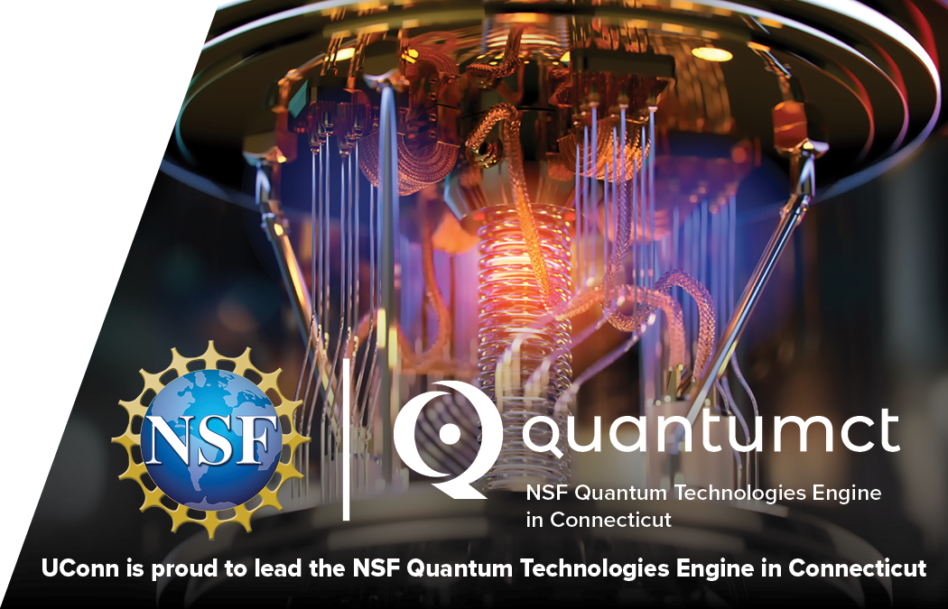 Quantum computer with NSF and QuantumCT logos in front of it
