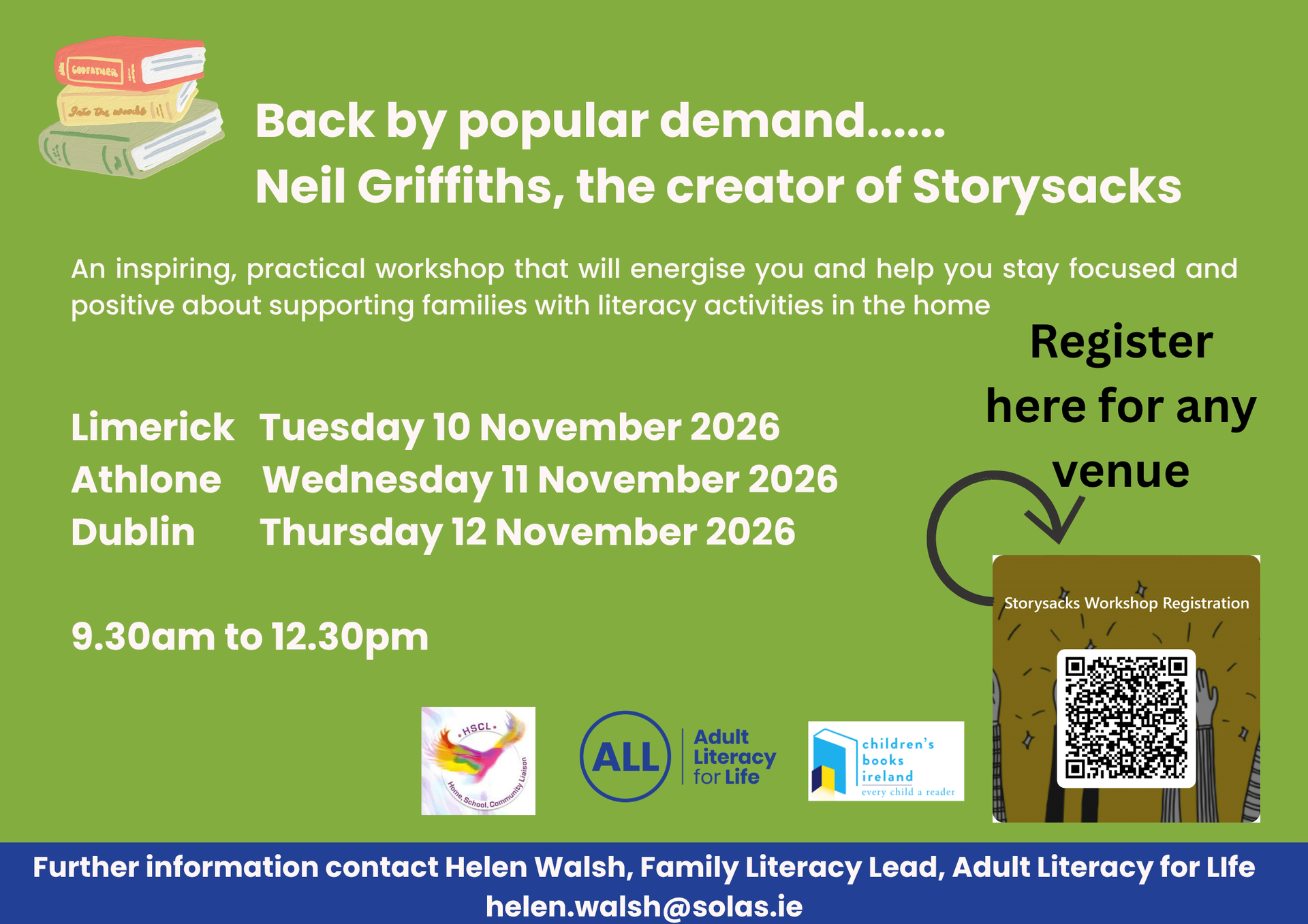 Poster: Neil Griffiths is coming back to host three workshops. The intended audience are Adult Educators, HSCLs, Family Support Workers, Community Link Workers, Librarians, Early Years Workers, and others. Tuesday 10 Nov - South Court Hotel, Limerick, Wed 11 November 2026 - Shamrock Lodge, Athlone, Thurs 12 Nov - Ashling Hotel, Dublin Places are limited in each venue, so early booking is recommended. https://forms.cloud.microsoft/pages/responsepage.aspx?id=jsB9ntvZ20qQm7C0ym-jgjgdMS5K3I5Al-6gee8yuTxUOVhIRlM1RVM0VkpHVDZZUVhEUzFONFZWTy4u&route=shorturl