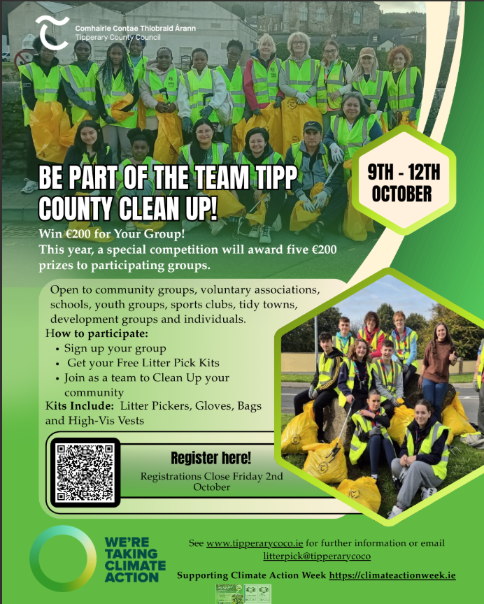 Poster: Be part of the team tipp county clean up! to register visit https://www.tipperarycoco.ie/environment/environment/environment-latest-news/2026/registration-open-team-tipp-county-clean to register