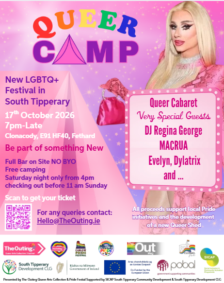 Poster: Queer Camp New LGBTQ+ Festival in South Tipperary Saturday 17th October from 7pm for more information hello@theouting.ie 