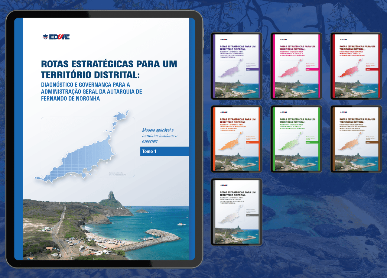 Capas dos oito ebooks “Rotas estratégicas para um território distrital: diagnóstico e governança” - Fernando de Noronha