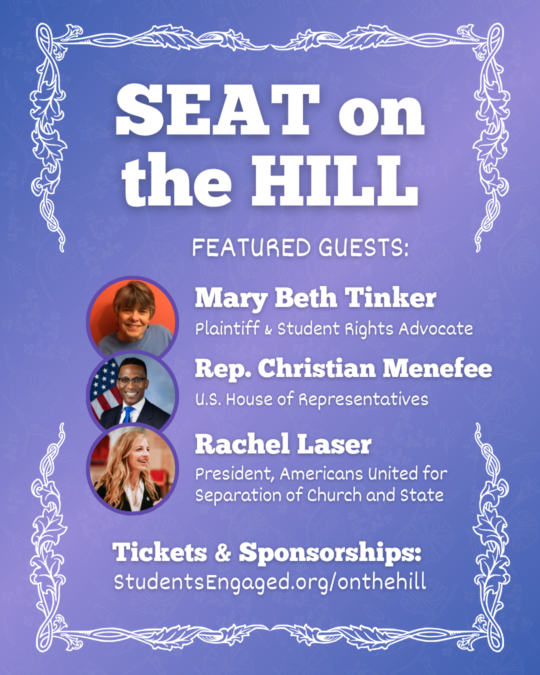 SEAT on the Hill featured guests: Mary Beth Tinker, Congressman Christian Menefee, and Rachel Laser.