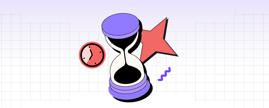 a purple and pink hourglass with a red star and a clock