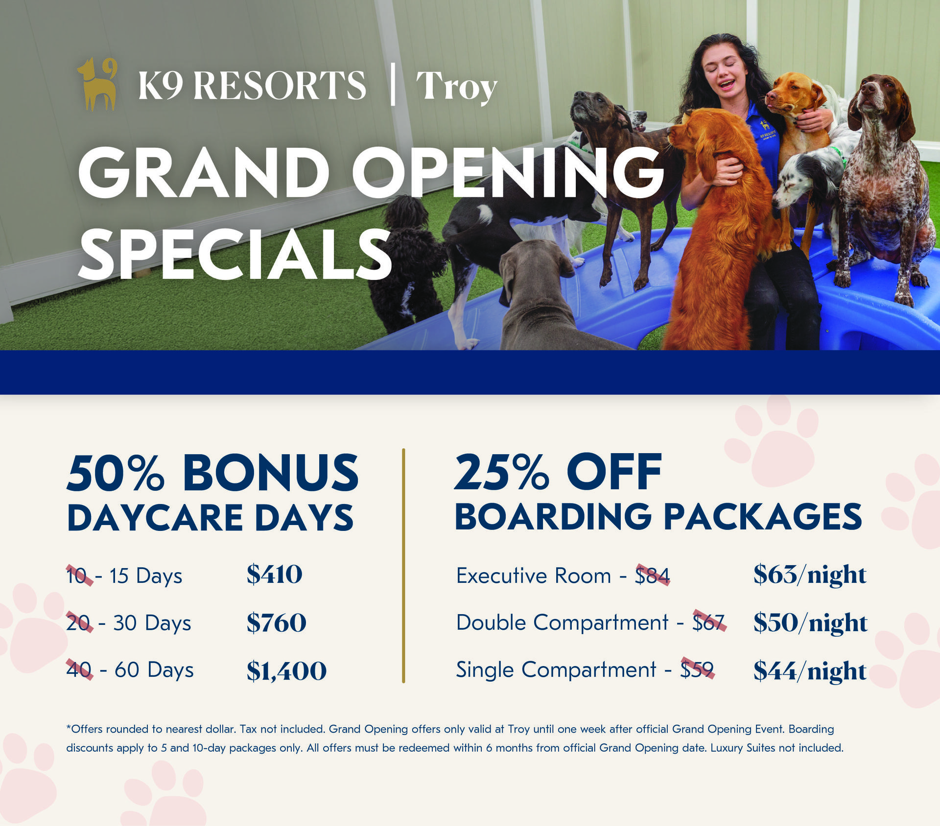 K9 Resorts Troy Grand Opening Specials: 50 percent more daycare days and 25 percent off boarding packages.