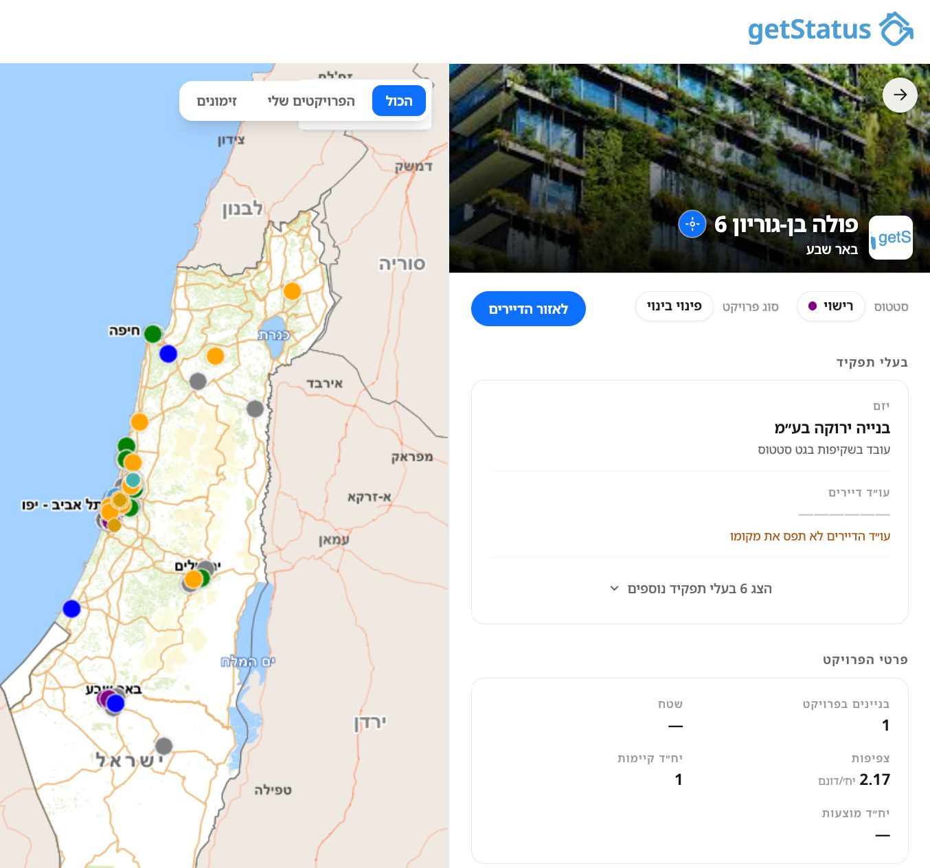 עמוד פרויקט בגט סטטוס עם השלב, הכתובת ובעלי התפקידים