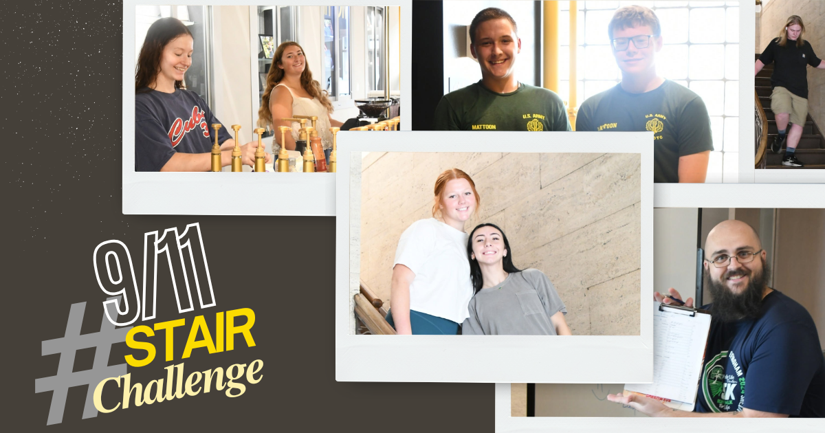 911 Stair Challenge | Gray graphic featuring pictures from our annual Stair Climb Challenge