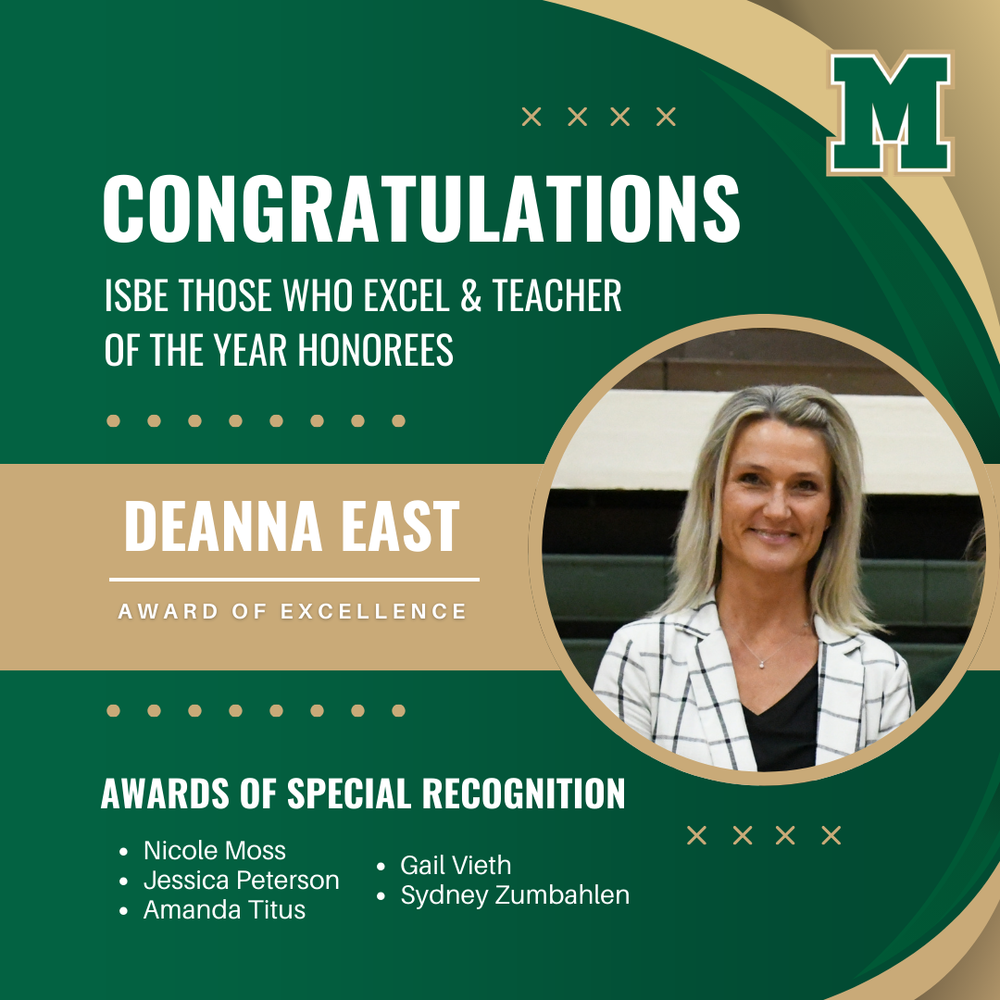 Picture of Deanna East | Graphic promoting ISBE Award | "Congratulations ISBE Those Who Excel & Teacher of the Year Honorees; Deanna East Award of Excellence; Awards of Special Recognition: Nicole Moss, Jessica Peterson, Amanda Titus, Gail Vieth, Sydney Zumbahlen"