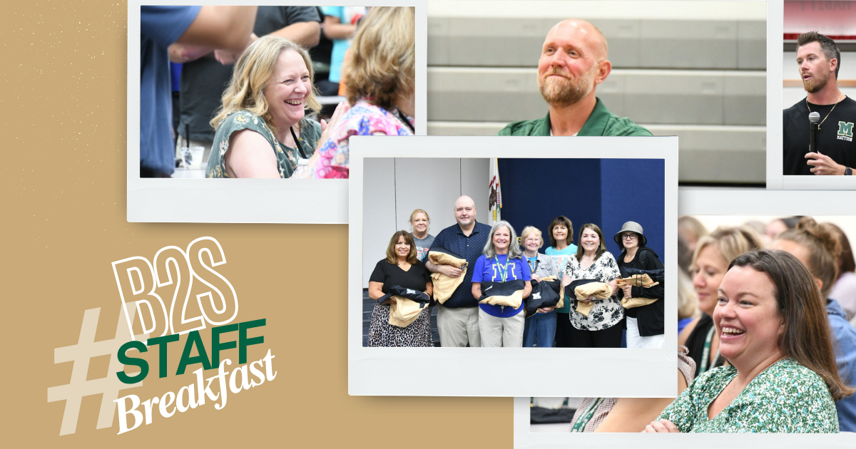 B2S Staff Breakfast | Gold graphic featuring pictures from our back-to-school breakfast