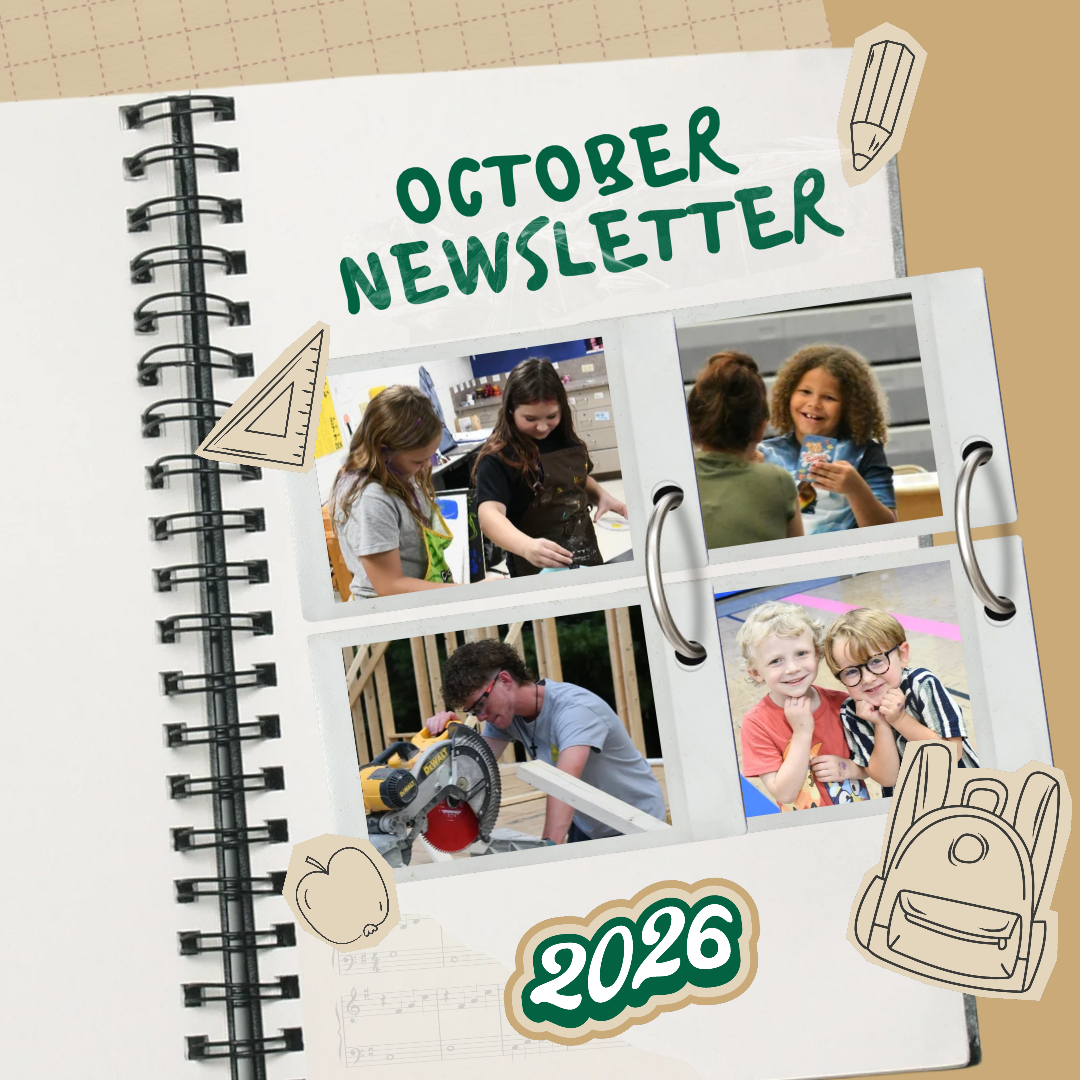 Graphic picture in Mattoon colors featuring a cartoon notebook of pictures of Mattoon students stating 'October Newsletter'