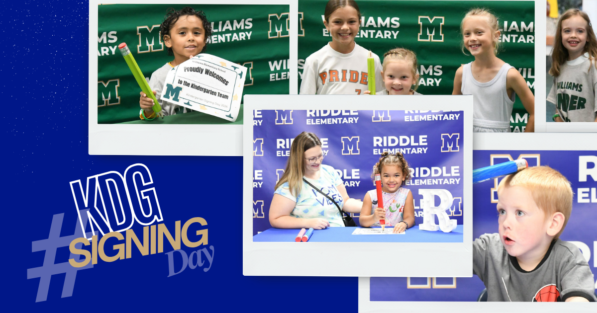 KDG Signing Day | Blue graphic featuring pictures from our Kindergarten Signing Day