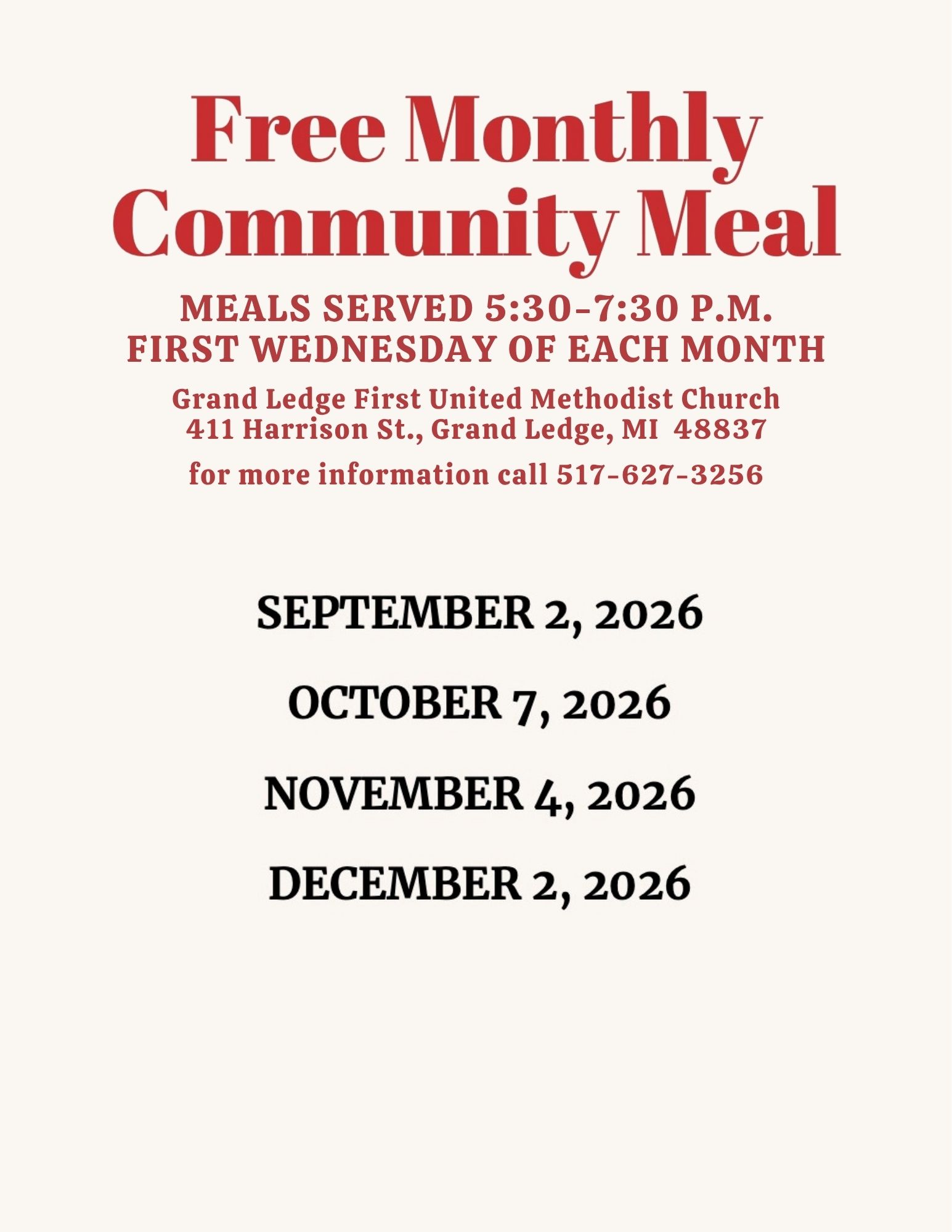 Free Monthly Community Meal at Grand Ledge First United Methodist Church Free Monthly Community Meal at Grand Ledge First United Methodist Church