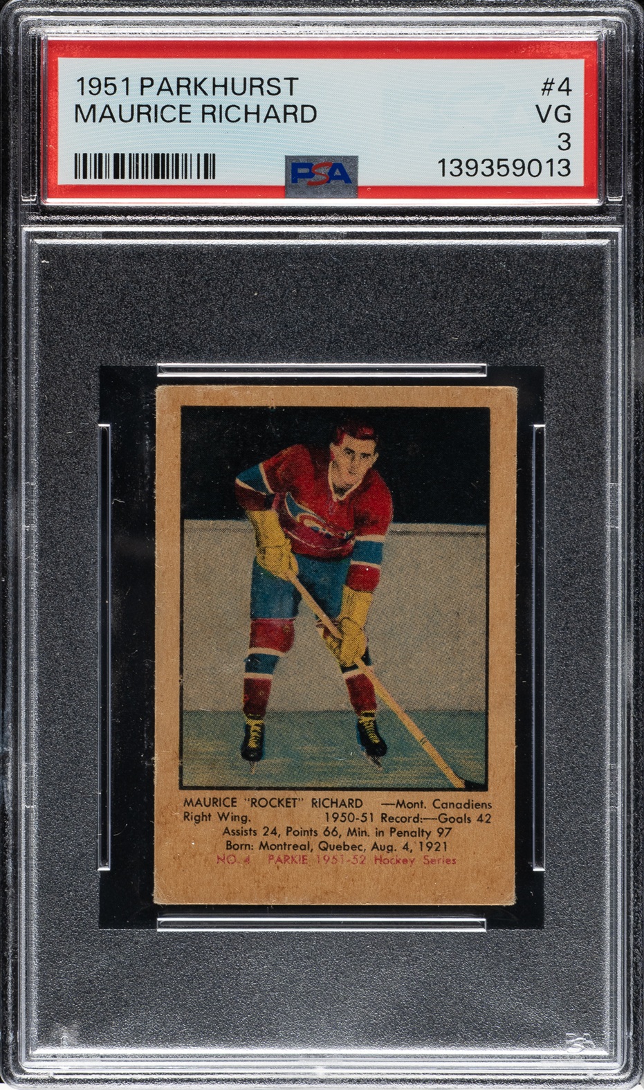 1951-1952 Parkhurst Hockey #4 Maurice Richard Rookie PSA VG 3 1951-1952 Parkhurst Hockey #4 Maurice Richard Rookie PSA VG 3