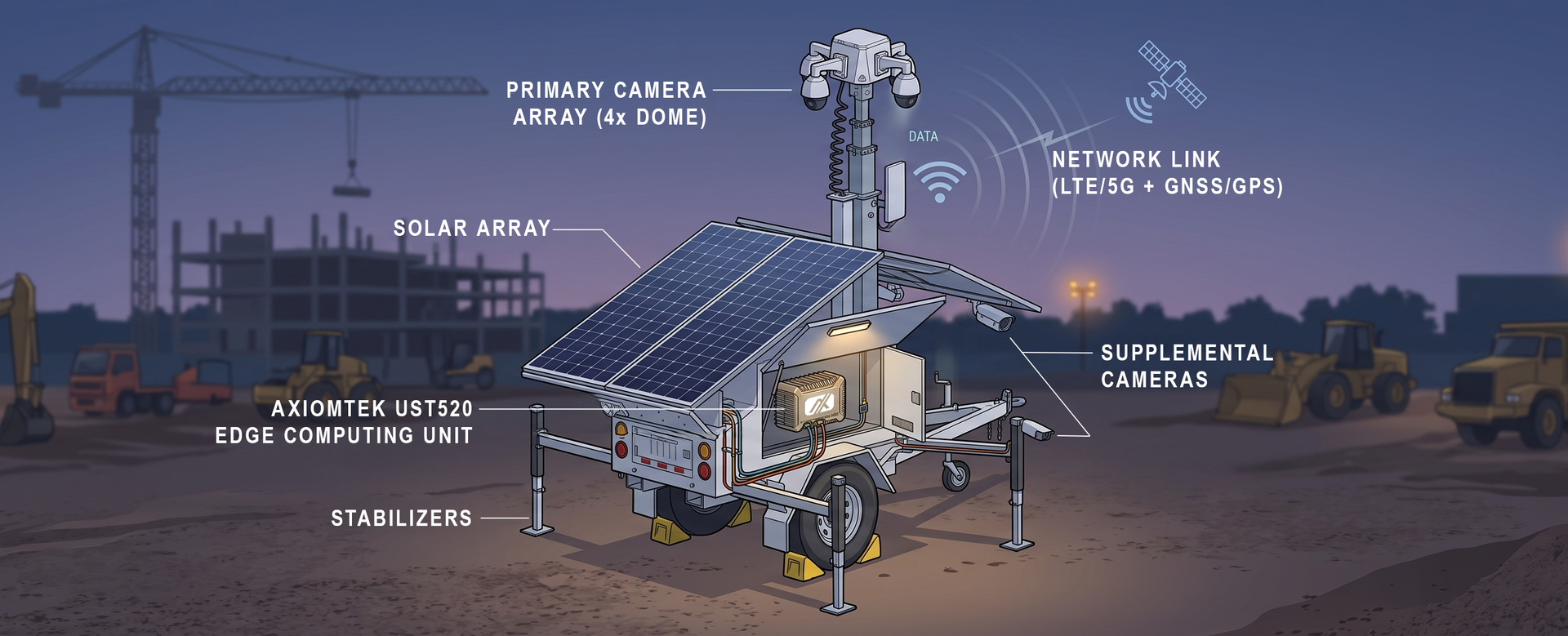 Labeled diagram of a mobile surveillance trailer showing integrated components: primary camera array, solar array, Axiomtek UST520 edge computing unit, network link with LTE/5G and GNSS/GPS, supplemental cameras, and stabilizers