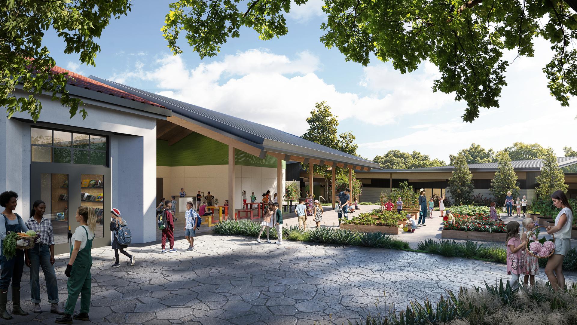 Rendering of new school courtyard and garden beds