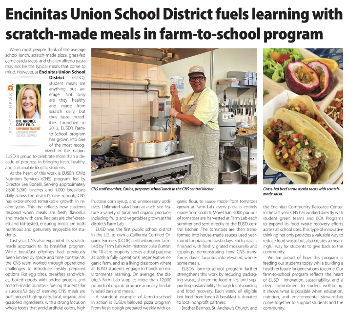 A screenshot of the news article about scratch-made meals in EUSD.