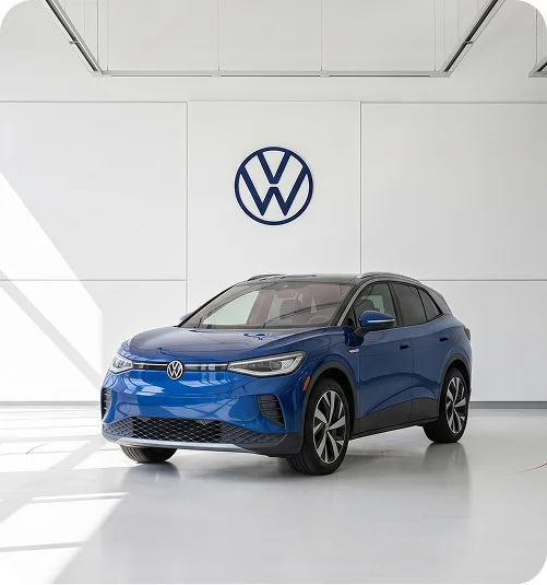 Blue Volkswagen in a bright showroom