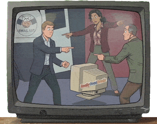 The cartoon rerun of where all the email makers point at each other for messing up the hallowed email process.