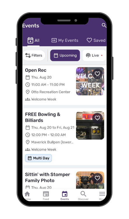 Smartphone showing an example of the MavLife app events page, including a welcome week event, free bowling event, and sittin' with Stomper photo activity. The app includes buttons at the bottom for a Home Page, Feed, Events, Discover, and More. Smartphone showing an example of the MavLife app events page, including a welcome week event, free bowling event, and sittin' with Stomper photo activity. The app includes buttons at the bottom for a Home Page, Feed, Events, Discover, and More.