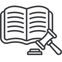 a black and grey icon of a book and a gavel