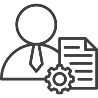 a black and white icon of a person with a gear and paper